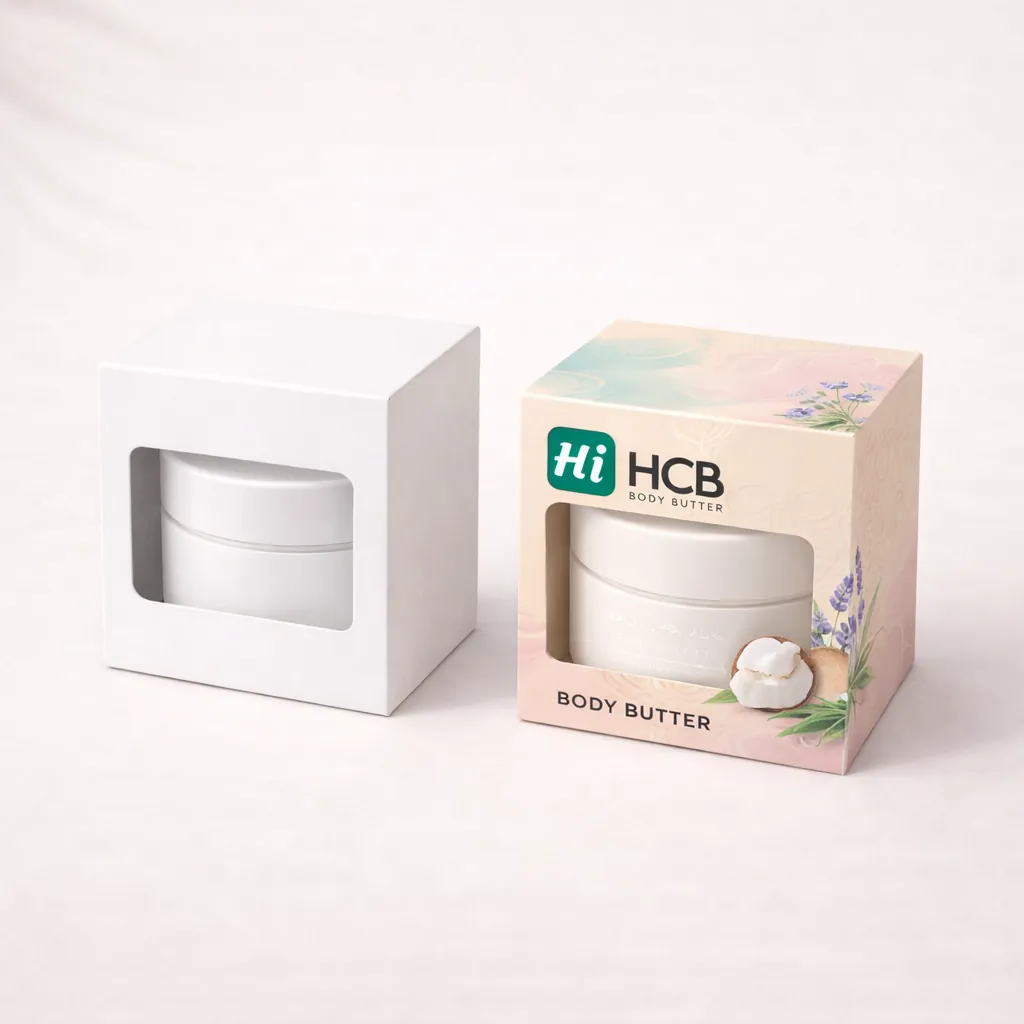 Two white retail cartons with cutout windows, one plain and one showing pink body butter branding. class=